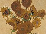 London National Gallery Top 20 16 Vincent Van Gogh - Sunflowers Vincent van Gogh � Sunflowers, 1888, 92 x 73 cm. This painting was voted #6 in the 2005 BBC Greatest Painting in Britain Poll. This is one of four paintings of sunflowers dating from August and September 1888, which Van Gogh intended to decorate Gauguin�s room in the so-called Yellow House that he rented in Arles. Its predominant yellow hue (for van Gogh an emblem of happiness) is also a tribute to Provence.  The Sunflowers illustrates the cycle of life, from the bud, through maturity and death. The spiky or gnarled forms of nature also symbolized human passions to van Gogh. As if in contrast to these natural forms, the tabletop and vase are simplified, flattened and outlines, and van Gogh�s signature, �Vincent�, becomes a na�ve blue decoration in the glaze of the Provencal terracotta jar.